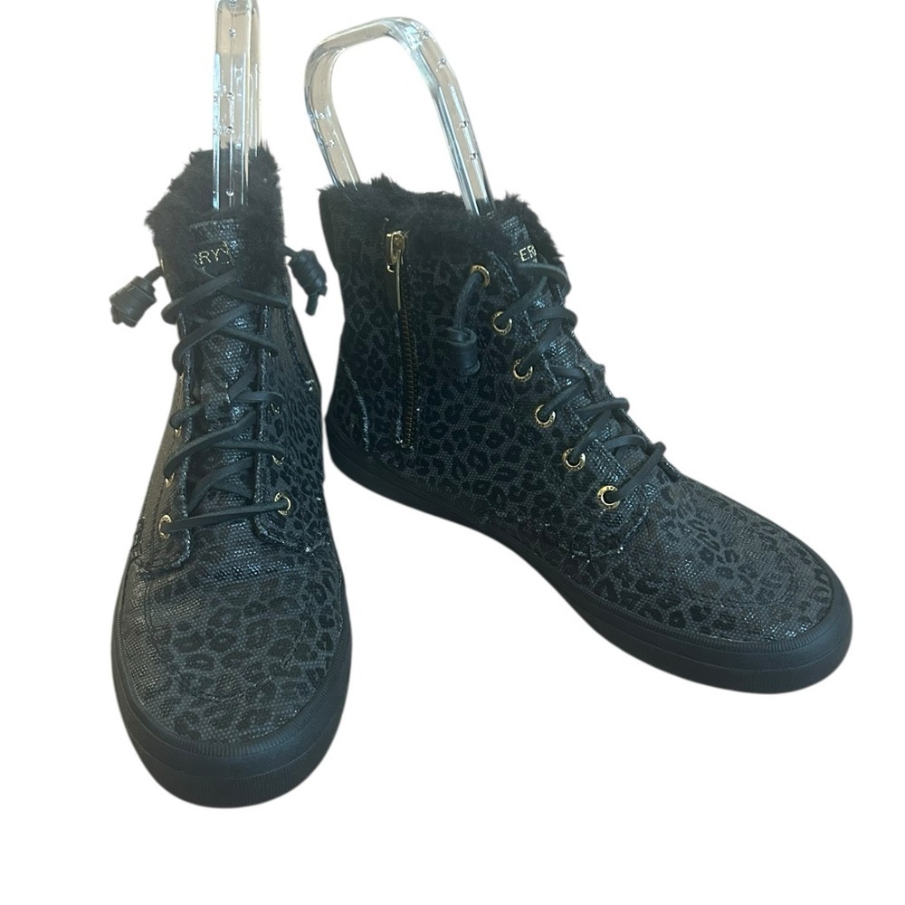 Sperry Black Leopard Crest Vibe Canvas Hightop Sneaker Fur Booties Women’s 7.5M
